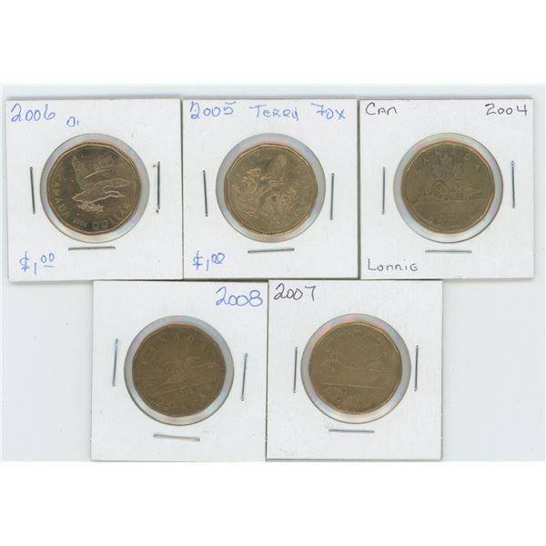 5 X  2004 - 2008 Canadian 1 Dollar Coins