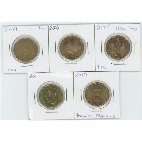 5 X Various 2005 - 2014 Canadian 1 Dollar Coins