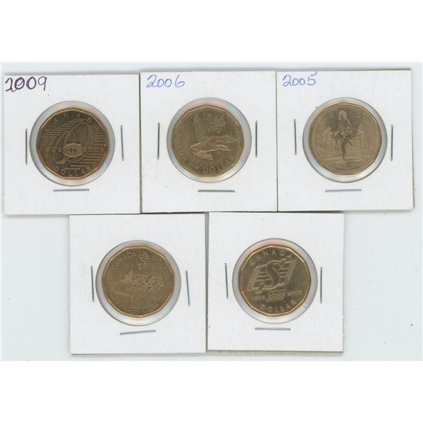 5 X Various 2005 - 2010 Canadian 1 Dollar Coins