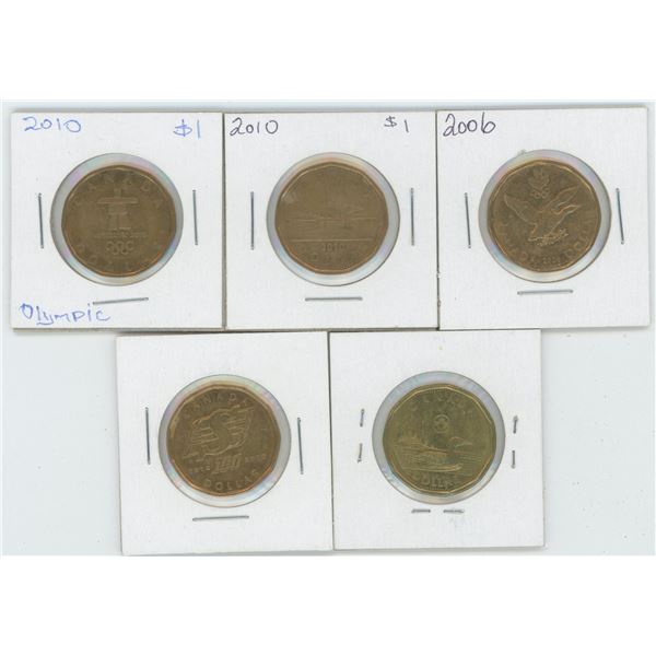 5 X Various 2006 - 2015 Canadian 1 Dollar Coins
