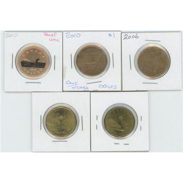 5 X Various 2006 - 2017 Canadian 1 Dollar Coins