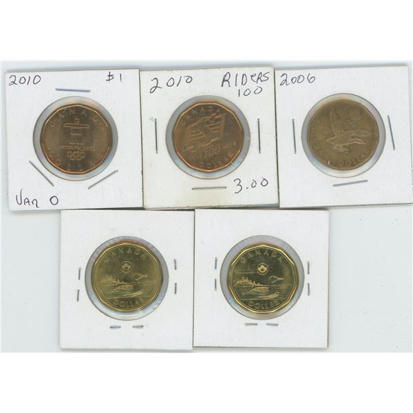 5 X Various 2006 - 2015 Canadian 1 Dollar Coins