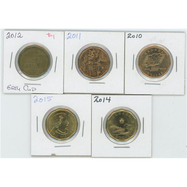 5 X Various 2010 - 2015 Canadian 1 Dollar Coins