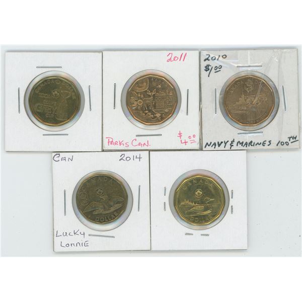 5 X Various 2010 - 2014 Canadian 1 Dollar Coins