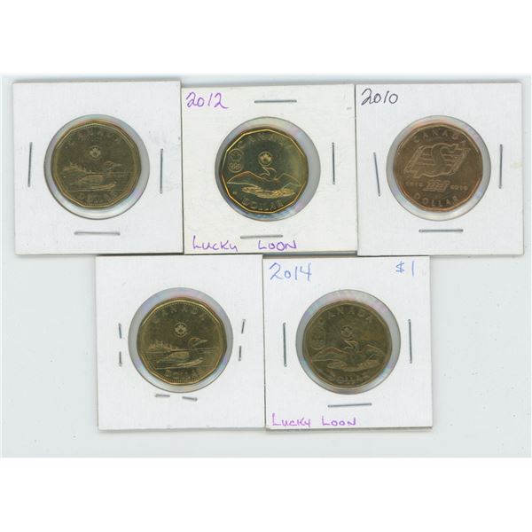 5 X Various 2010 - 2014 Canadian 1 Dollar Coins
