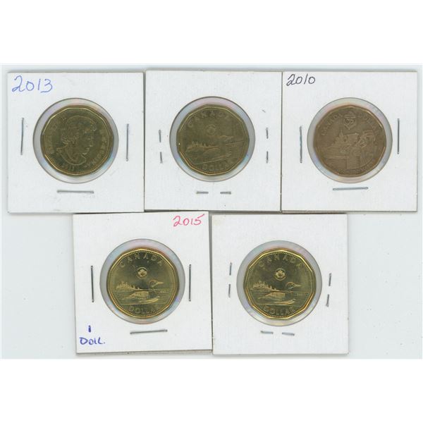 5 X Various 2010 - 2015 Canadian 1 Dollar Coins