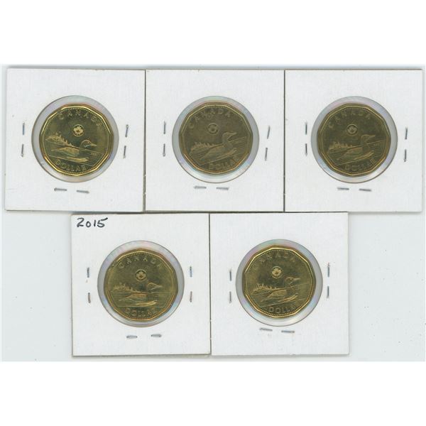 5 X Various 2012 - 2015 Canadian 1 Dollar Coins