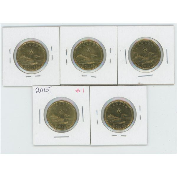 5 X Various 2012 - 2015 Canadian 1 Dollar Coins