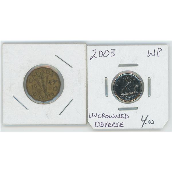1943 Canadian 1 Cent Coin & 2003 Canadian 10 Cent Coin