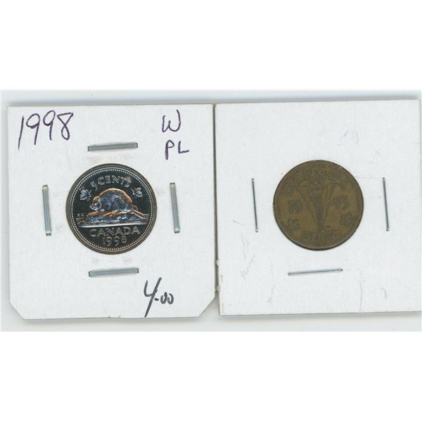 1943 Canadian 1 Cent Coin & 1998 Canadian 5 Cent Coin
