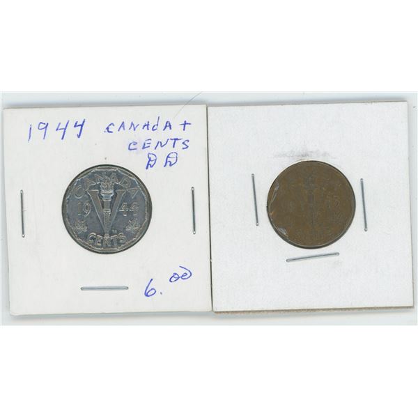 1943 Canadian 1 Cent Coin & 1944 Canadian 5 Cent Coin