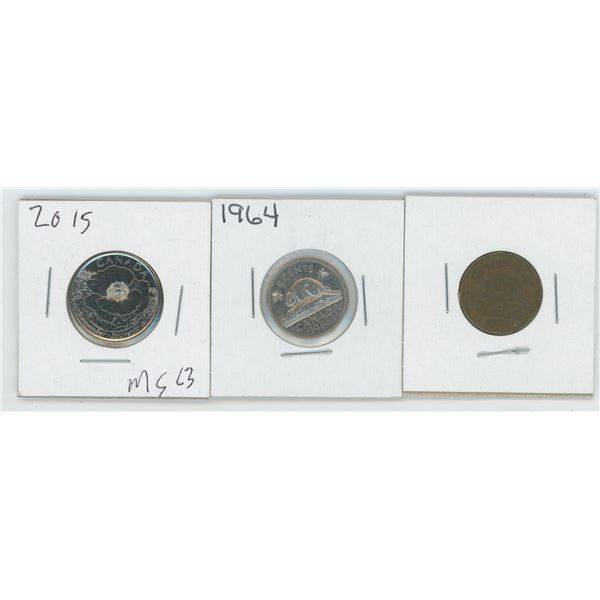 1942 & 1964 Canadian 5 Cent Coins & 2015 Canadian 25 Cent Coin