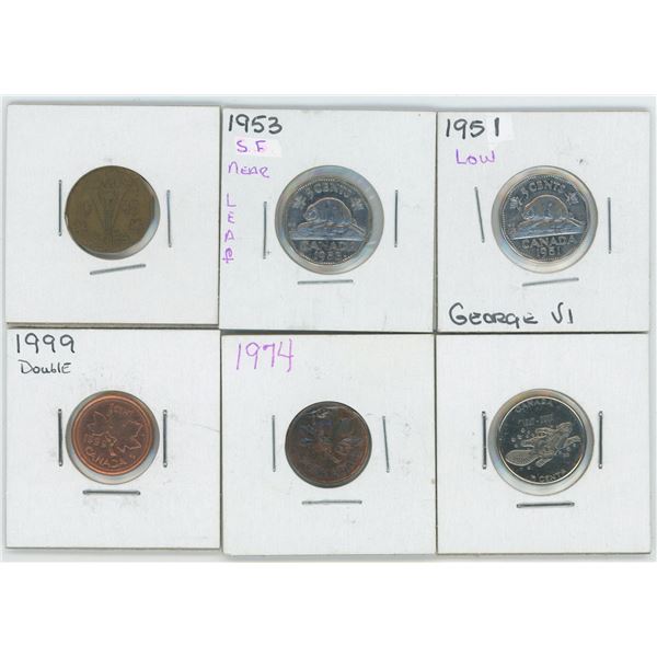 1951 & 53 Canadian 5 Cent Coins & 1943 1 Cent & Various Canadian Coins