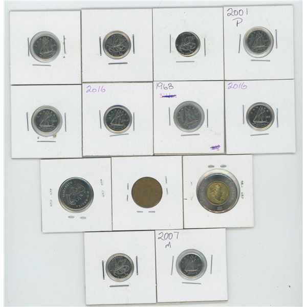 2017 2 Dollar & 1943 1 Cent & 2004 25 Cent & Various 10 Cent Canadian Coins