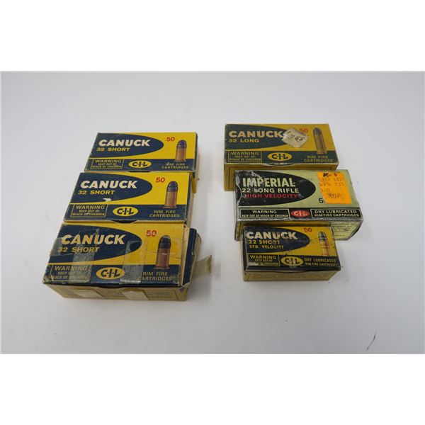 6 Boxes of Bullets - 3 Boxes of  32 Short- 1 Box of 32 Long - 1 Box of Imerpial .22 Long High Veloci