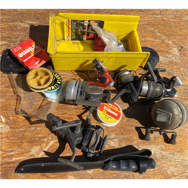 Lot Of Fishing Reels + Lines + Knife