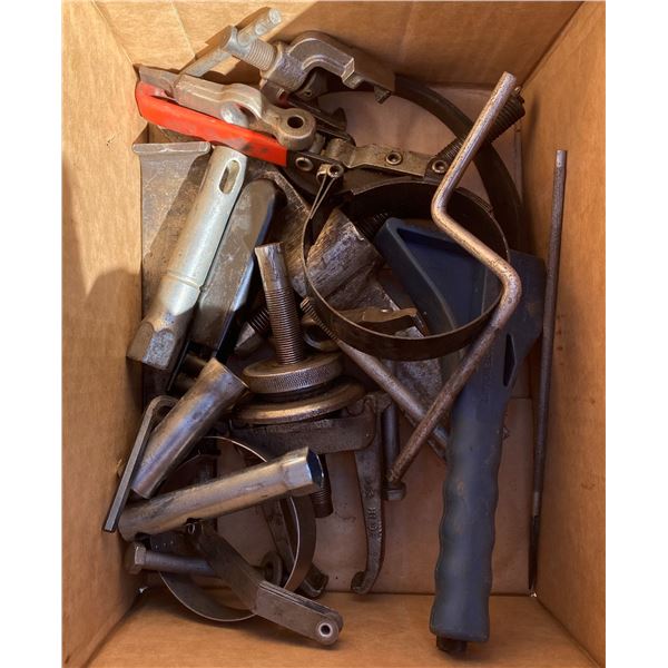Box Of Gear Pullers + Oil Filter Wrenches + Etc