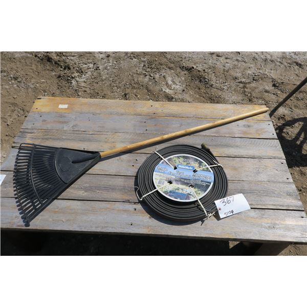 Rake, 50' Hose Sprinkler and 4pc Plastic Fence