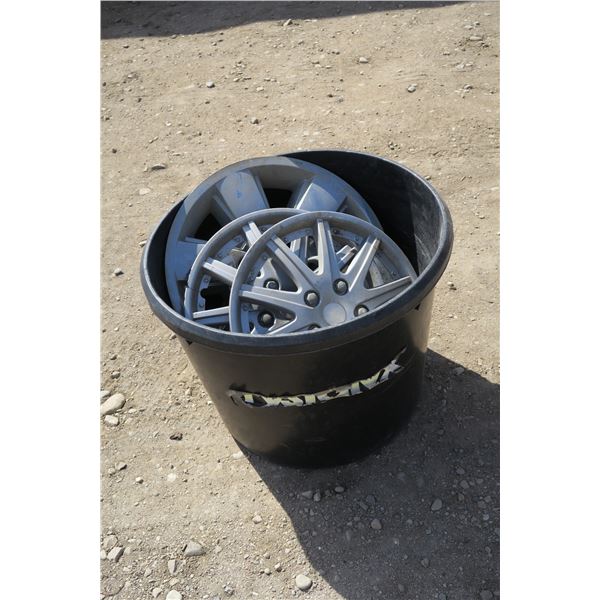 6 Misc. Hubcaps + Plastic Tote