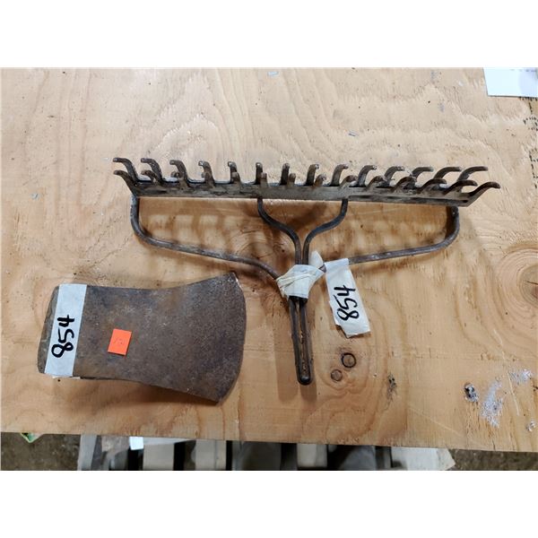 2 RAKE HEADS & AXE HEAD (NO HANDLES)