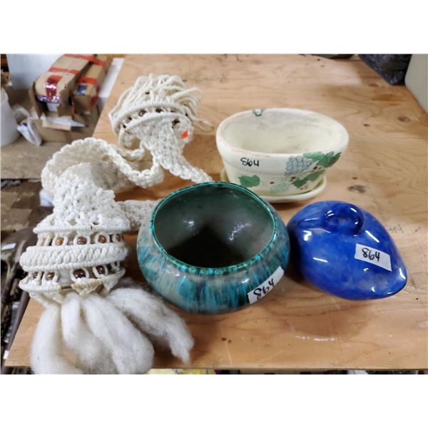 LOT OF POT PLANTERS (WHITE W/ GRAPES, BLUE, CERAMIC DUCK, MACRAMAE)