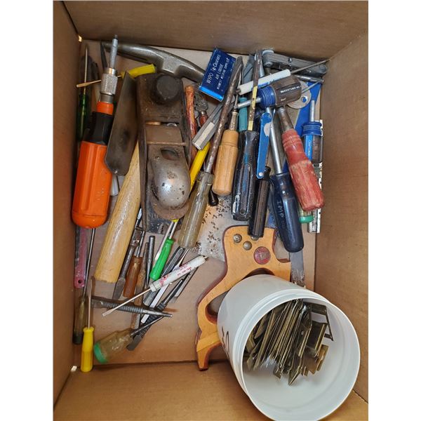 LOT OF TOOLS -SCREWDRIVERS, PLANER, SAW, HAMMER
