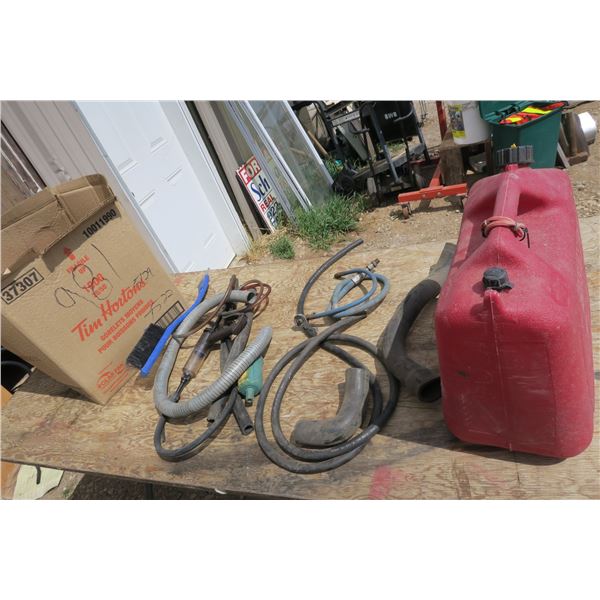 Box of Miscellaneous Car Tubes/Hoses/Components with oil syphon Pump and Gas Canister