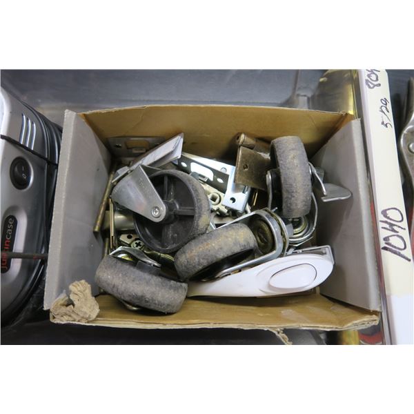 Misc Household Items- Castors, Hinges, Tin Snips, Air Compressor, Clock Radio Water Tap and Other