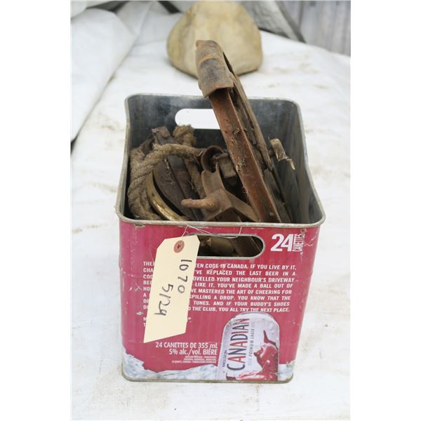 Pail of Vintage Pulleys, etc.