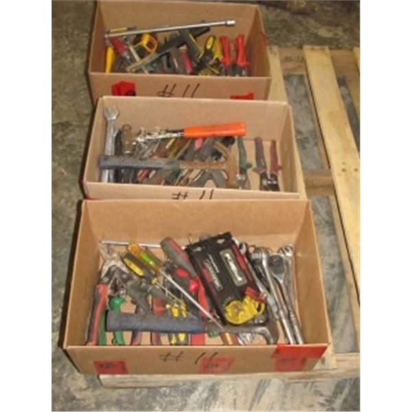 3 BOXES OF SCREW DRIVERS; TIN SNIPS; RATCHETS; COMBINATION WRENCHES; HAMMERS; 1/2" EXTENSION BAR; RA