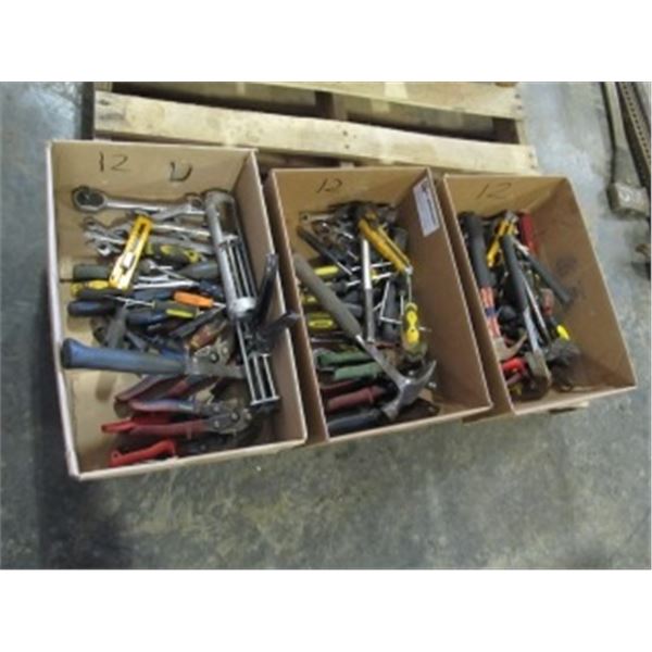 3 BOXES OF HAMMERS; SNIPS; CAULK GUN; WRENCHES