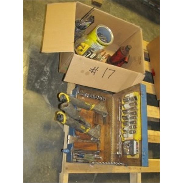 3 HAMMER STAPLERS; ALLEN WRENCHES; PLIERS; BOTTLE JACK; SOCKET SET; DRILL BITS