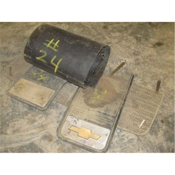 SMALL ROLL OF NEW 18" CONVEYOR BELTING; 2 CHEV MUDFLAPS; S/S GM GRILL INSERT