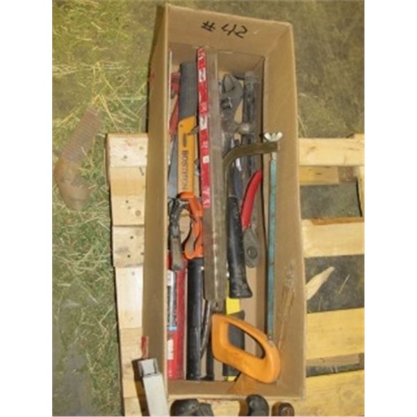 2 BOXES OF LEVELS; CHALK LINES; TAPE LINES; DRILL BITS; CRESCENTS; HAMMERS