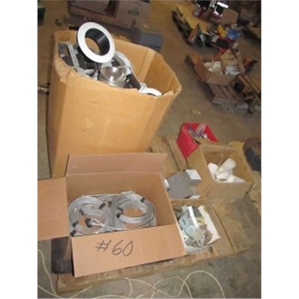 BOX OF POT LIGHT FIXTURES; BULBS; OVERHEAD DOOR HARDWARE