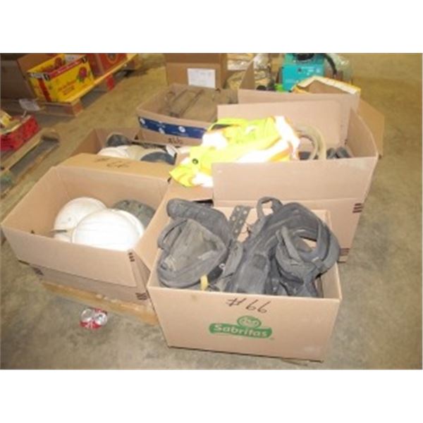 PALLET OF HARD HATS; TOOL BELTS; SAFETY VEST; SAFETY GLASSES