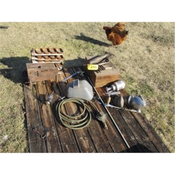 MISC ANTIQUES; LIGHTS; TRAYS; WOOD BOX; OXY HOSE