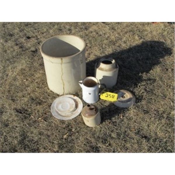5 GALLON CROCK; WHISKEY JUG; CERAMIC TEA KETTLE; POT W/HANDLE