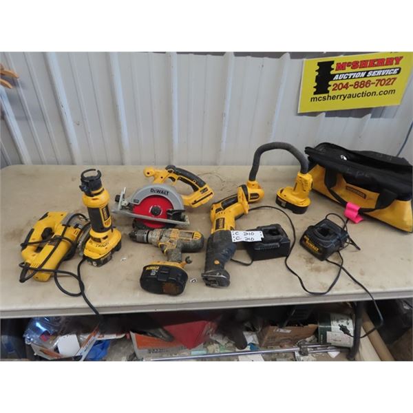 De Walt Cordless Set- Skil Saw, Jig Saw, Spiral Cut Offf, Recip Saw, Light , 2 Chargers, & 2 Batteri