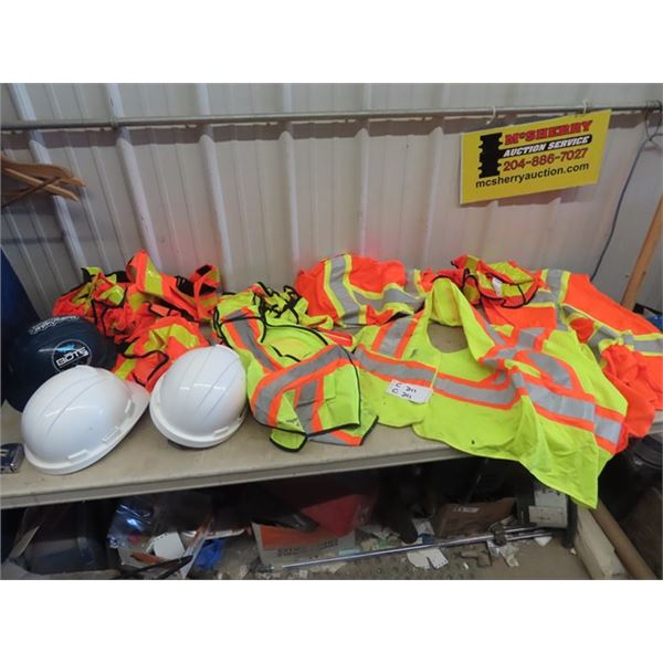 10 Safety Vests, & 3 Safety Hard Helmets