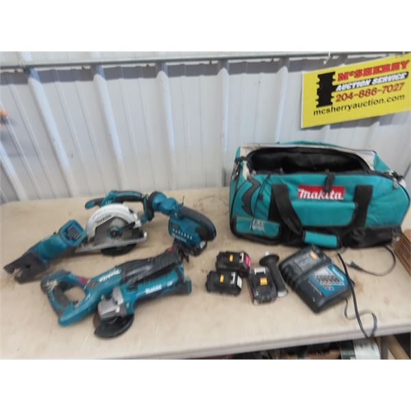 Makita Cordless Tools, Recip Saw, Jig Saw, Circ Saw, Angle Grinder, Flashlight, Charger, 4 Batteries