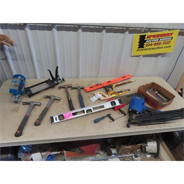 Air Roofing Nailer, Campbel Hausfield Caulking Gun, Hammers, Levels, & Saws