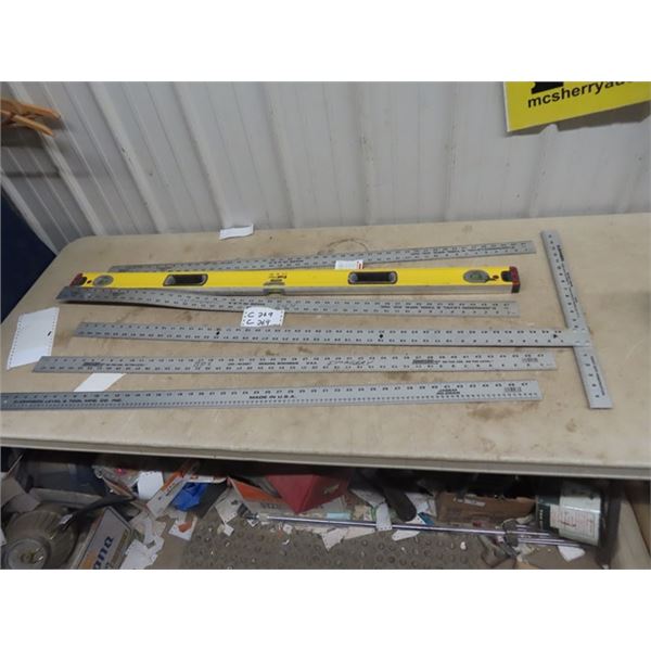 5) 48" Steel Rulers, 48" Fat Max Level & Dry Wall T