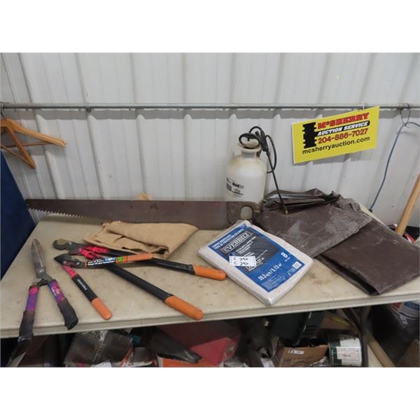 Yard Hedgers, Pruners, Old Saw, Bottle Sprayer Paint Drop & 2 Tarps