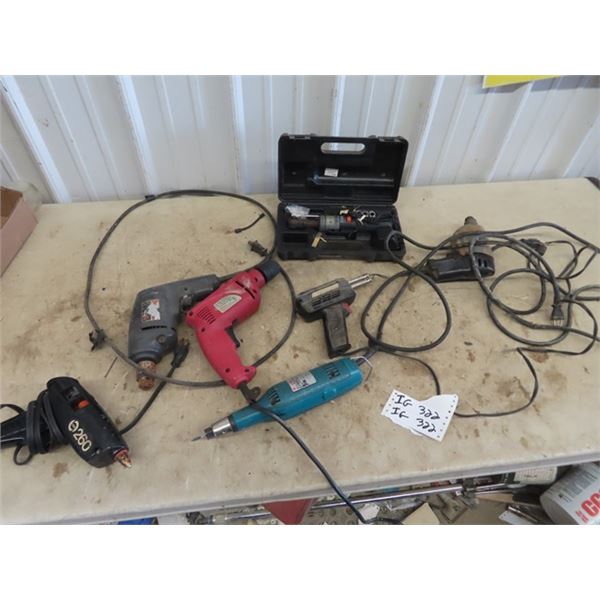 7 Power Tools - Makita Die Grinder, 3 Drill, Glue Gun, Soldering Gun, Cordless 1/4  Ratchet