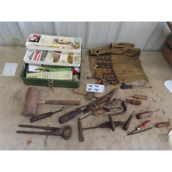 FIshing Tackle - Old Wood Hammer, Tools, Soldering Gun, Screwdriver, Auger Bits Plus More!