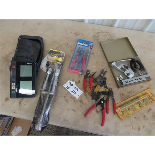 OBD Auto Scanner, Snap Ring Plliers, Flaring Tool, & Butane Pencil Torch