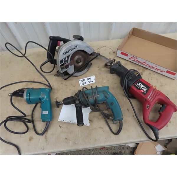 4 Power Tools - Makita Drywall Gun, Makita Drill, Craftsman Circ Saw, & Skil Recip Saw