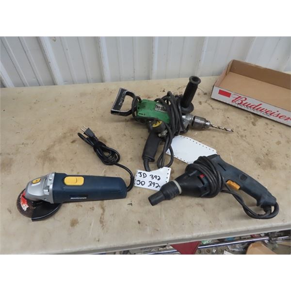 3 Power Tools - Bosch Drywall Gun, Mastercraft Angle Grinder, & Hitachi Drill