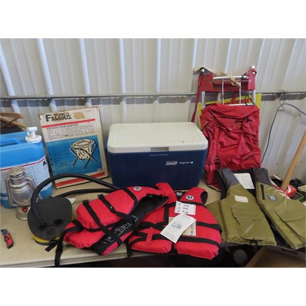 Camping - Lantern, Foot Air Pump, Back Pack, 3 Life Jackets (New) Plus More!